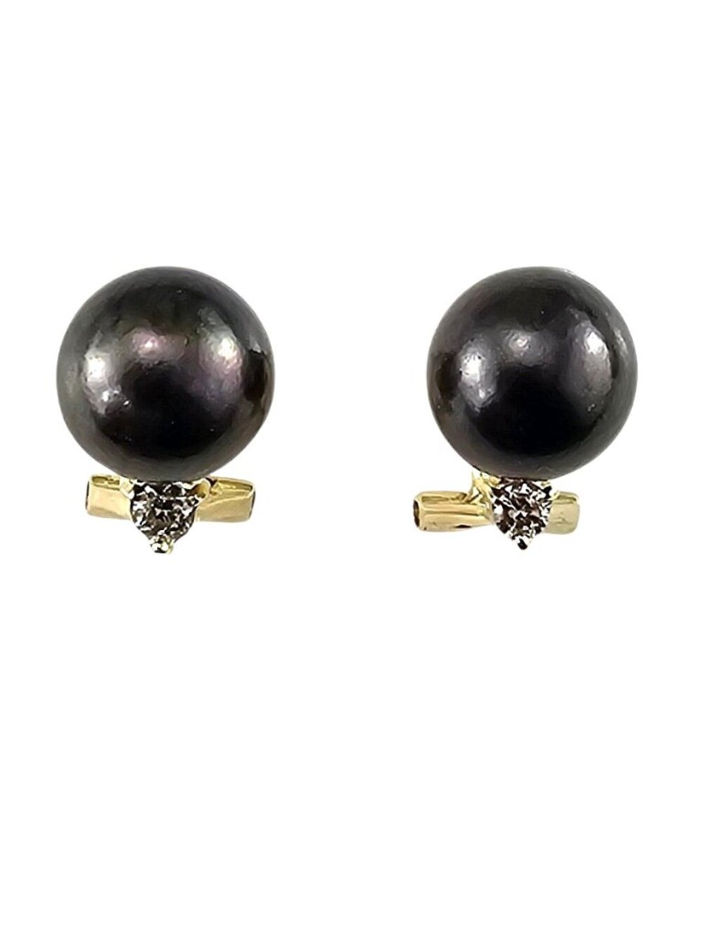 14K Yellow Gold Black Pearl and Diamond Omega Back Earrings #25130